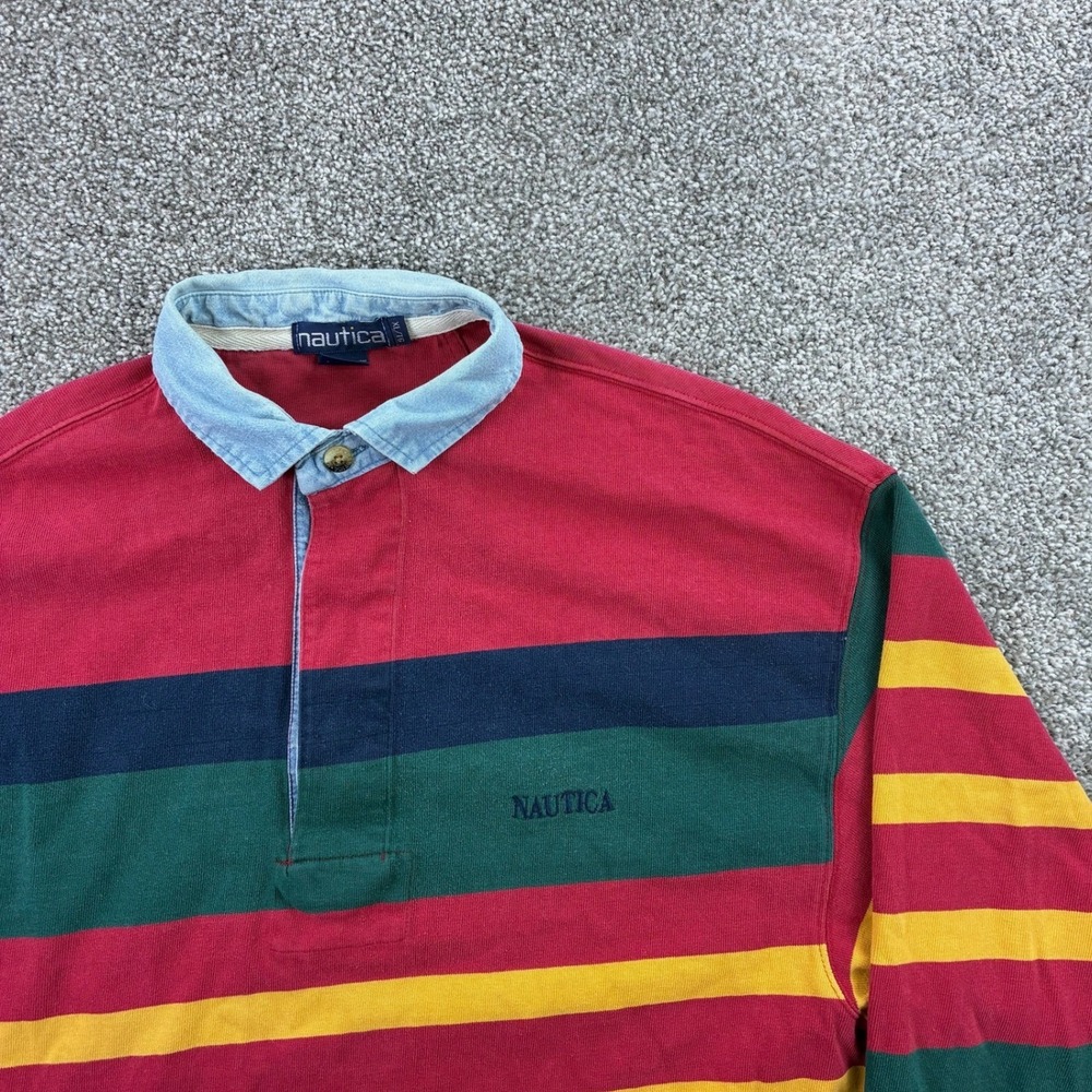 Vintage Nautica Rugby Shirt Mens XL Red Green Yellow Striped Long Sleeve Cotton - Picture 2 of 5